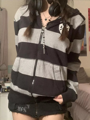 Striped Zip-up Hoodie in Black, side view
