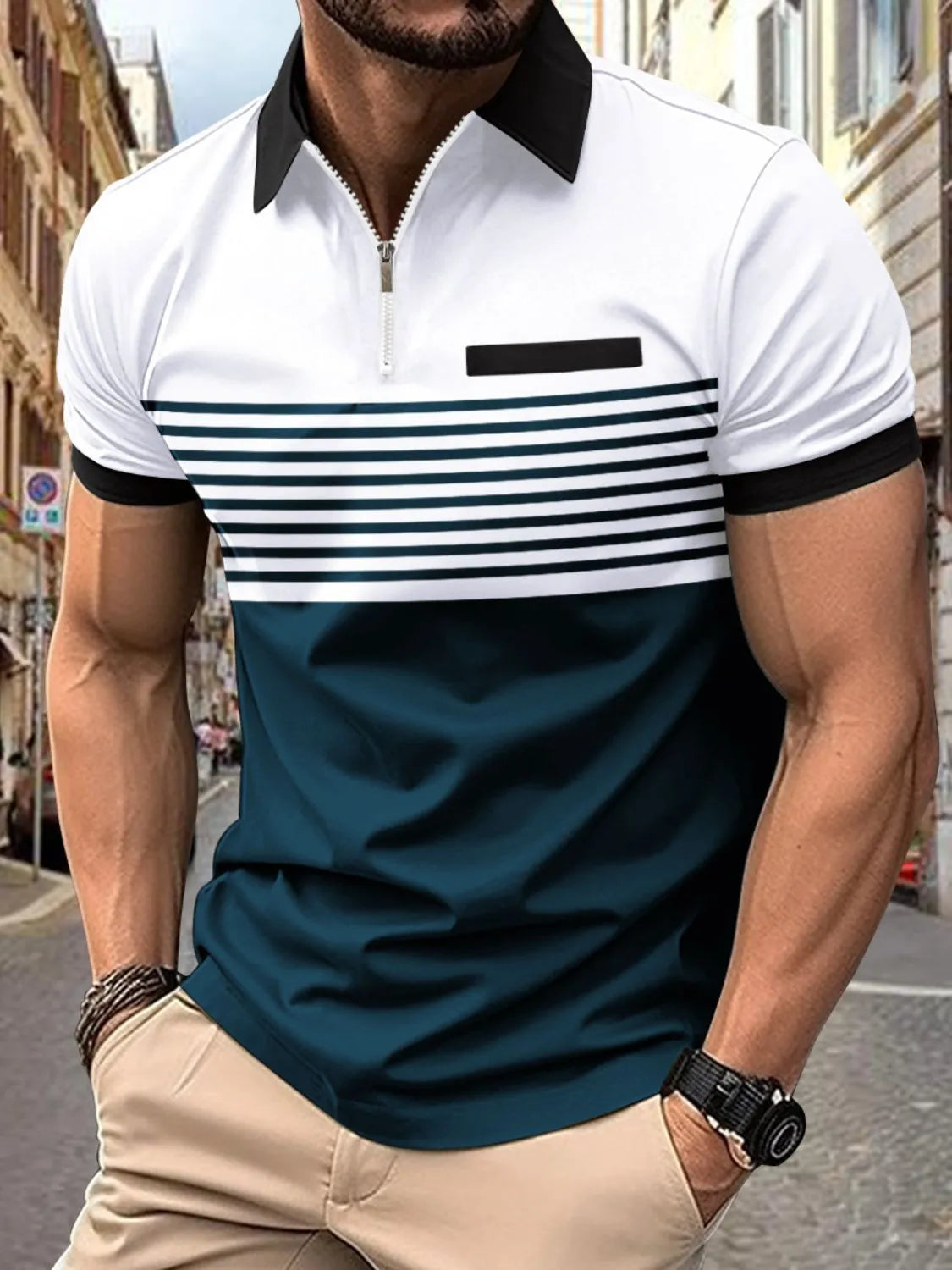 Colorblock zip polo with black collar, white top, horizontal stripes, and teal bottom.