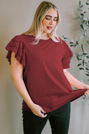 Burgundy eyelet flutter sleeve tee with round neckline