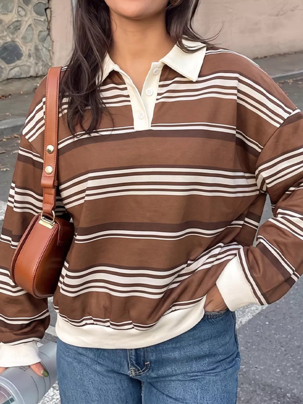 Striped Dropped Shoulder Sweatshirt in Coffee Brown, side view