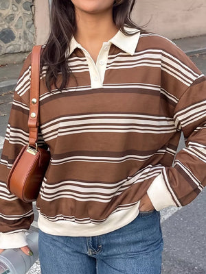 Striped Dropped Shoulder Sweatshirt in Coffee Brown, side view