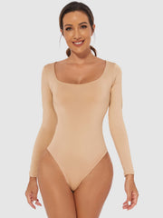 Tan second-skin bodysuit with square neckline and long sleeves