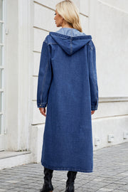 Denim maxi shirtdress with hood in dark blue, button-down style, long sleeves, full length.