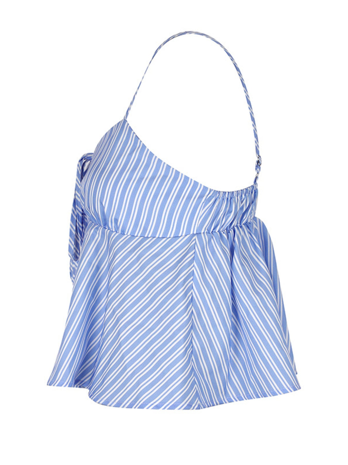Blue and white striped peplum cami with tie-front detail and adjustable strap.