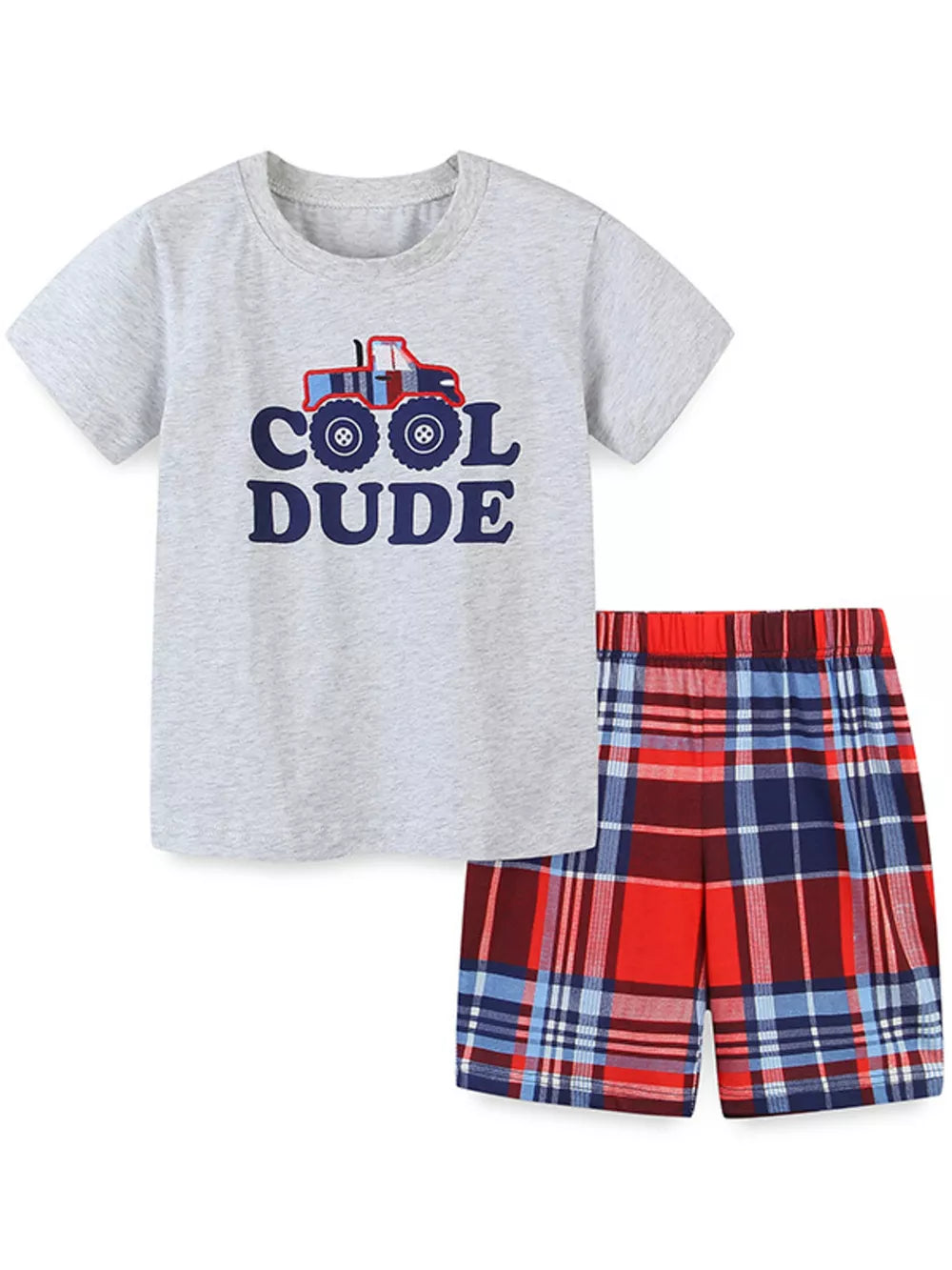 Boys' grey cotton tee with monster truck graphic and plaid shorts set