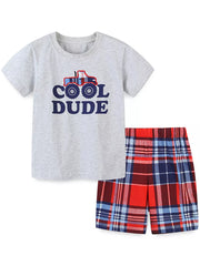 Boys' grey cotton tee with monster truck graphic and plaid shorts set