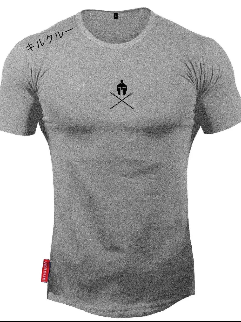 Gray muscle fit t-shirt with Spartan graphic and Japanese text detail.