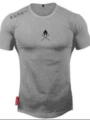 Gray muscle fit t-shirt with Spartan graphic and Japanese text detail.