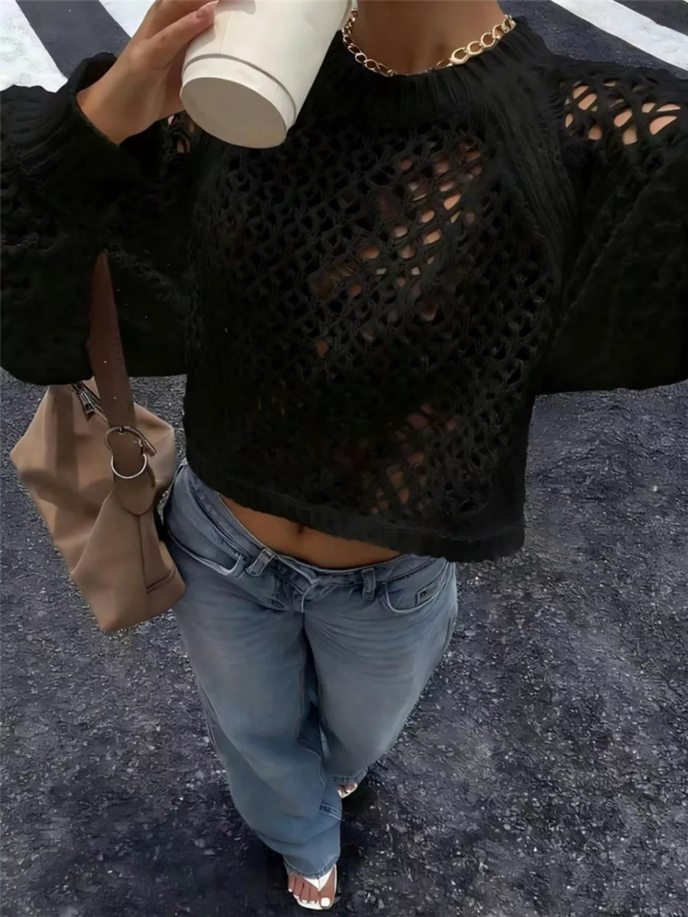 Crochet Knit Raglan Sleeve Sweater in White, alternate angle