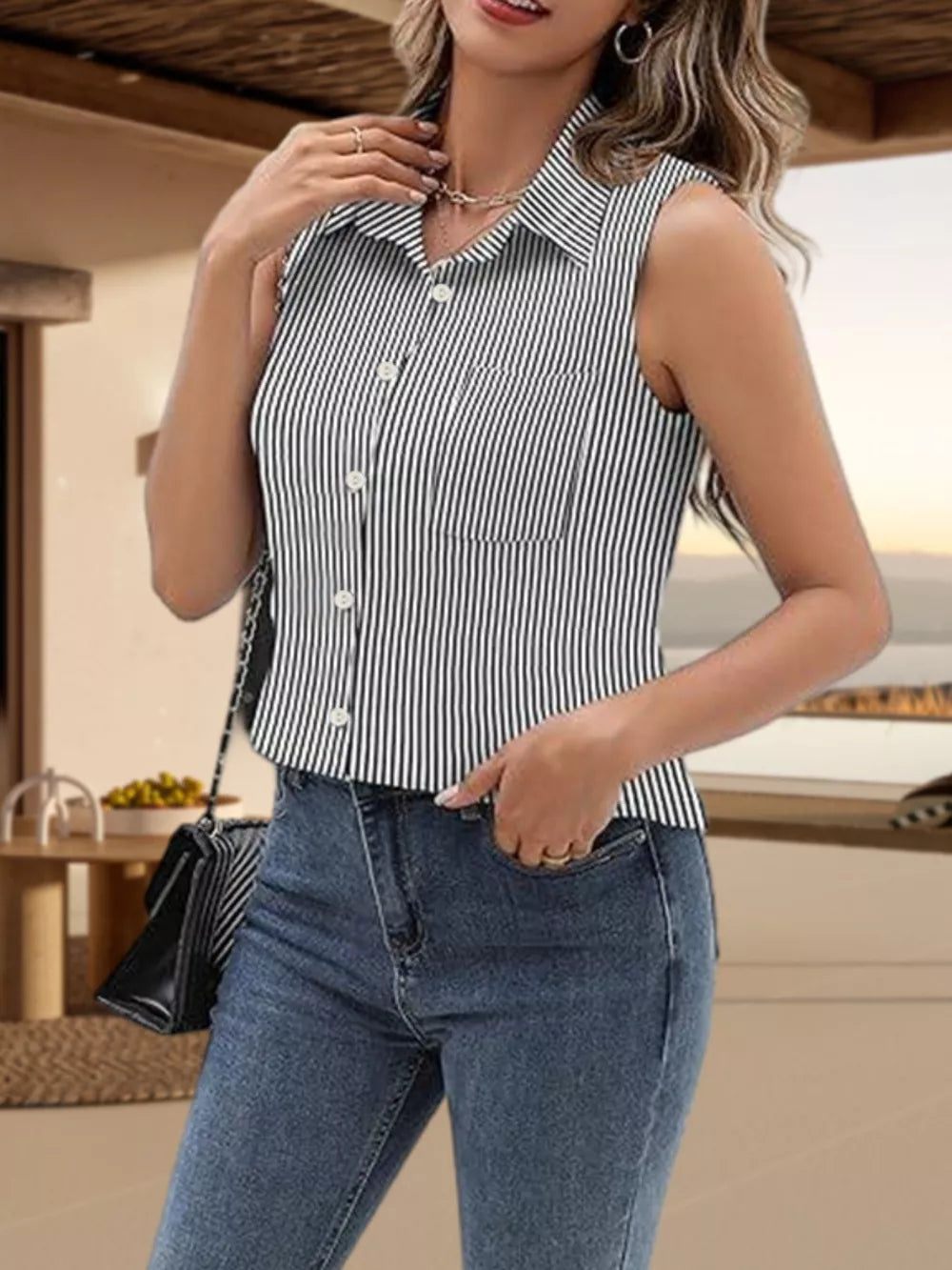 Sleeveless button-up shirt with vertical stripes and a chest pocket.