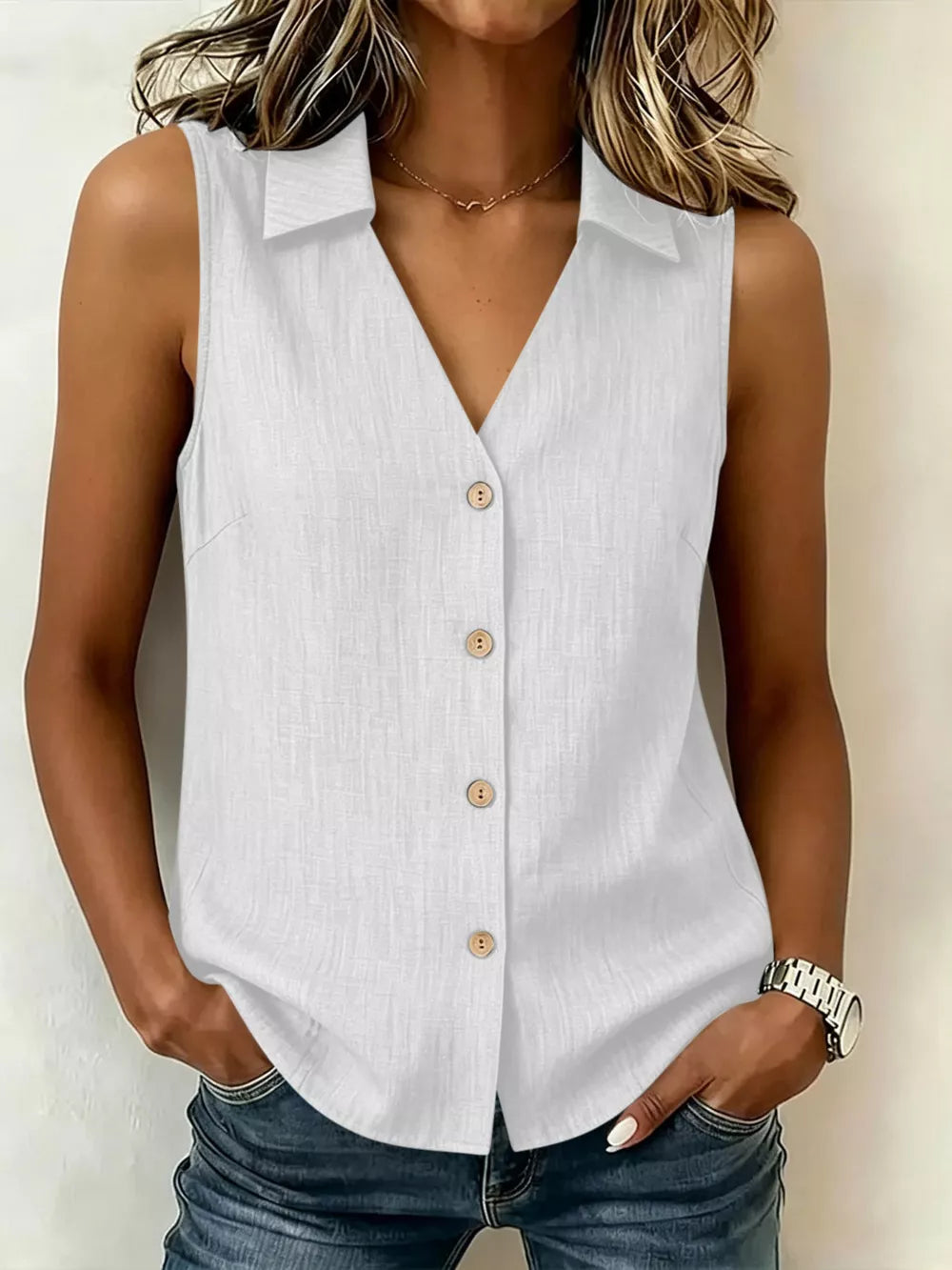 Full Size Button-up Sleeveless Collared Top in Navy, product detail