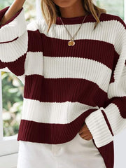 Burgundy and white striped oversized knit sweater with bell sleeves.