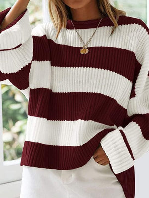 Burgundy and white striped oversized knit sweater with bell sleeves.