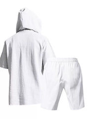 Men's linen blend hooded top and shorts set in white.