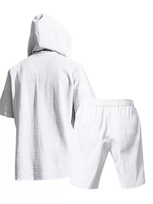 Men's linen blend hooded top and shorts set in white.