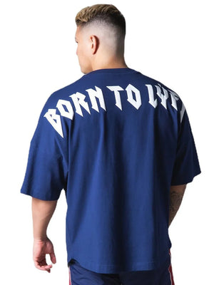 Royal blue oversized tee with white graphic text on back