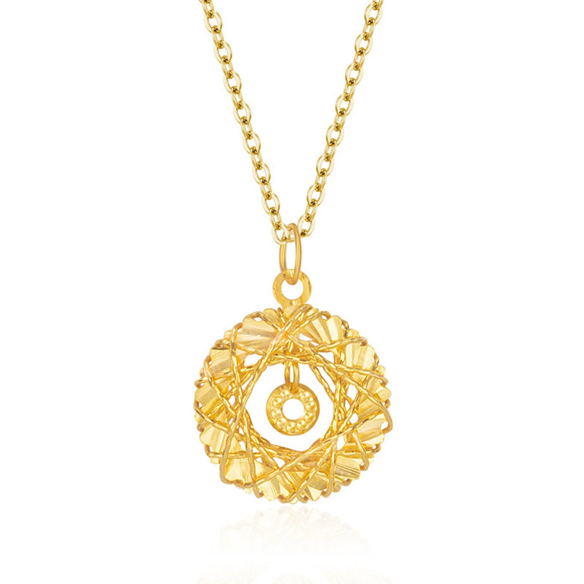 Gold-plated sterling pendant necklace with intricate circular design and small inner circle charm.