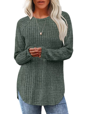 Moss ribbed knit long sleeve maternity t-shirt with crew neck and curved hem