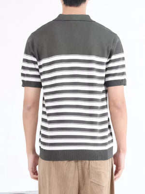 Men's knit polo shirt in army green with white horizontal stripes and a ribbed hem.