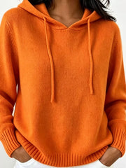 Cozy Ribbed Long-sleeve Hooded Sweater in White, model styling view