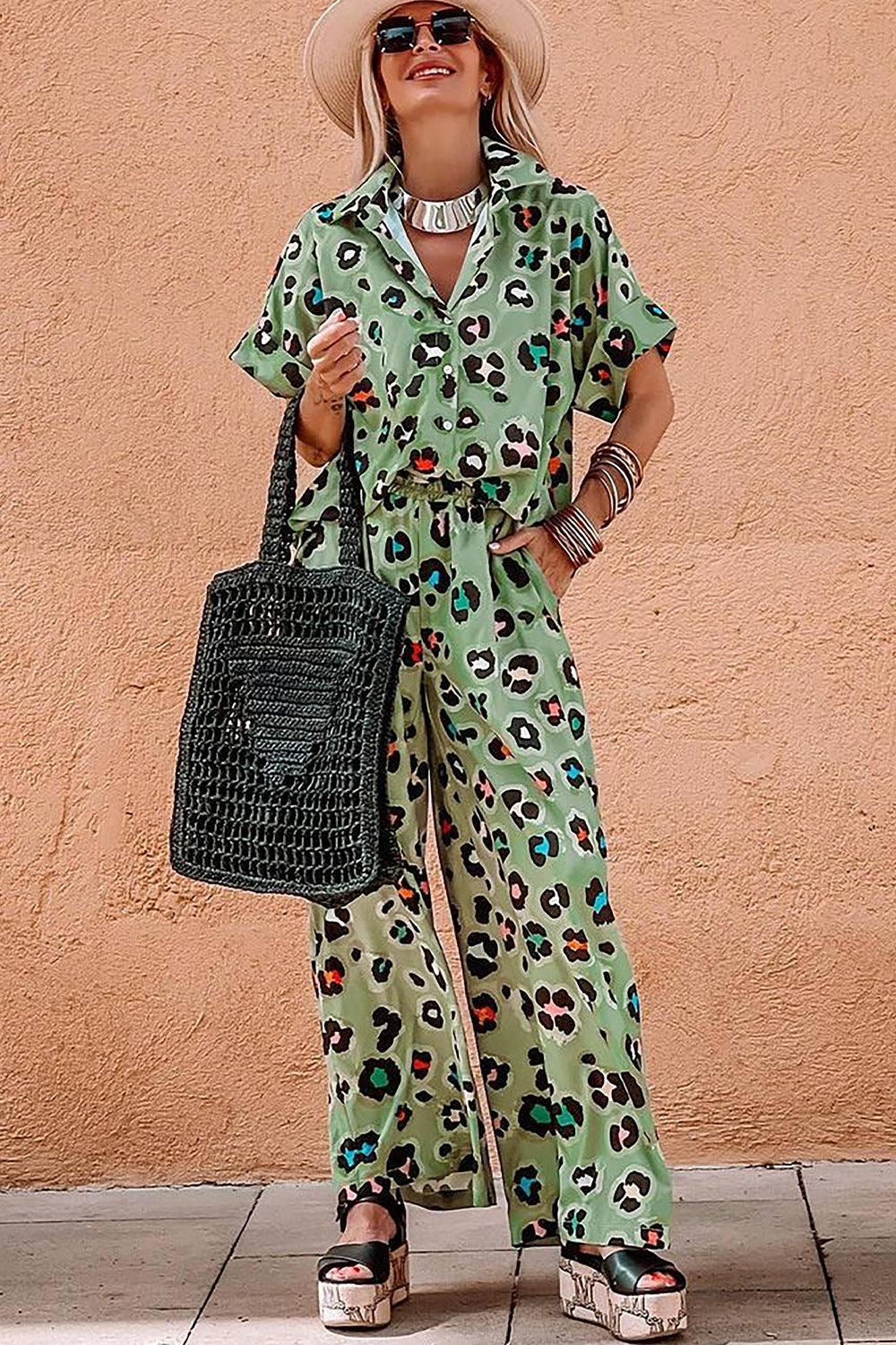 Sage leopard print resort shirt and wide leg trousers set with collar