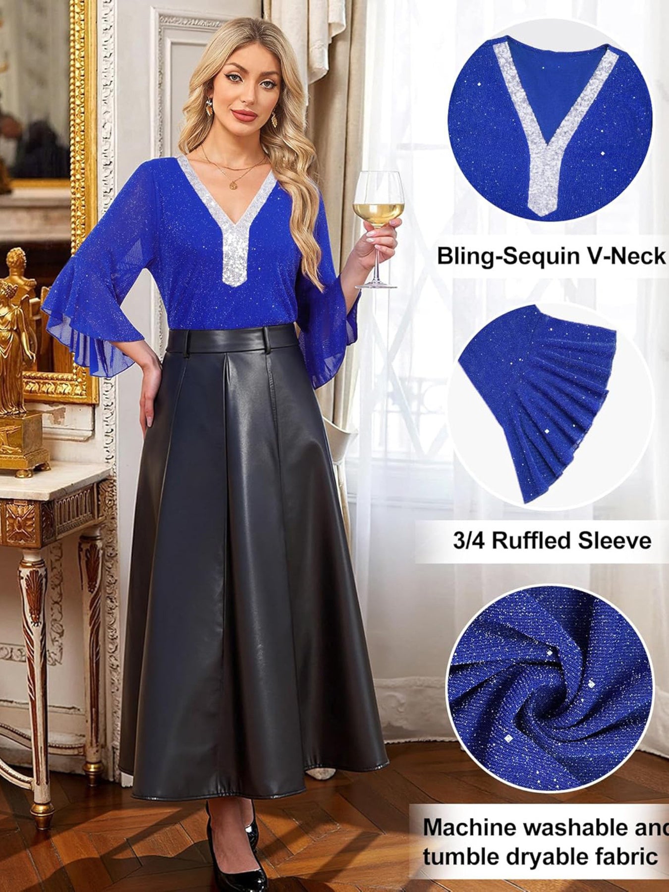 Blue sequin v-neck blouse with 3/4 ruffled sleeves, styled with a black skirt.