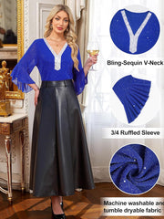 Blue sequin v-neck blouse with 3/4 ruffled sleeves, styled with a black skirt.