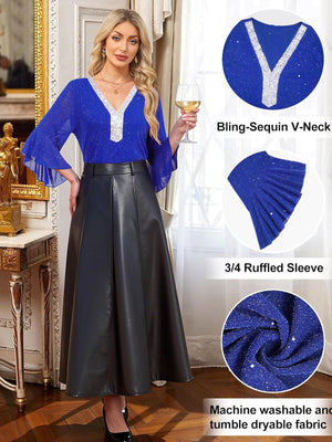 Blue sequin v-neck blouse with 3/4 ruffled sleeves, styled with a black skirt.
