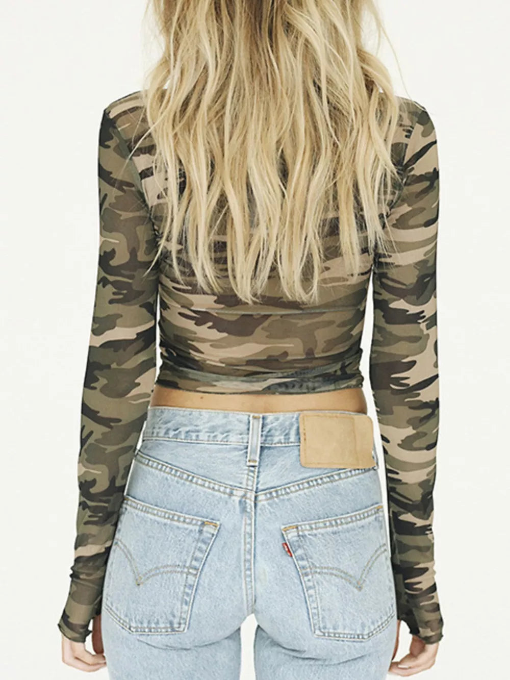Sheer camouflage long sleeve tee in army green, body-hugging cropped fit.