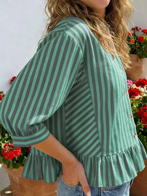 Green striped button-down shirt with 3/4 sleeves and ruffle hem.