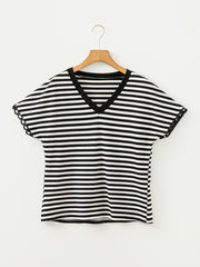 Classic striped V-neck t-shirt in black and white cotton with scalloped sleeve detail.