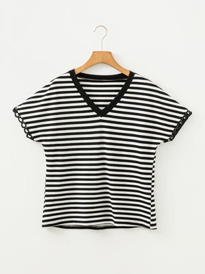 Classic striped V-neck t-shirt in black and white cotton with scalloped sleeve detail.