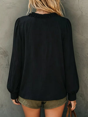 Bohemian Ruffled V-neck Long Sleeve Blouse in White, model styling view