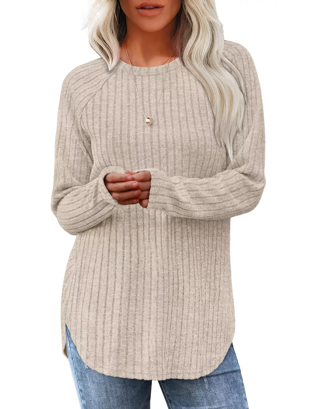 Ribbed knit long sleeve maternity tee in caramel color with crew neck and curved hem.