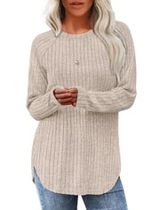 Ribbed knit long sleeve maternity tee in caramel color with crew neck and curved hem.