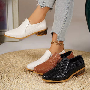 Woven texture pointed loafers with block heels in beige, tan, and black.