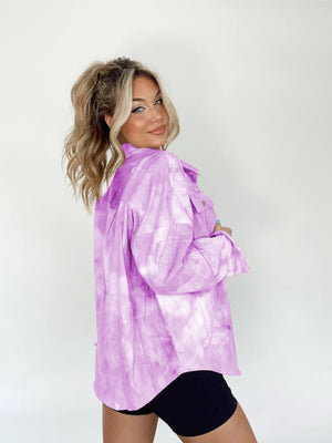 Heliotrope purple tie-dye overshirt with patch pockets and button front, styled casually.