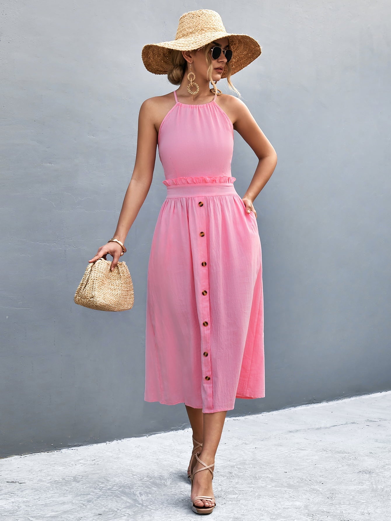 Pink button-down midi dress with halter neck and ruffled waist detail