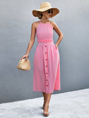 Pink button-down midi dress with halter neck and ruffled waist detail