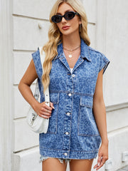 Denim leopard print sleeveless shacket with button front and chest pockets.
