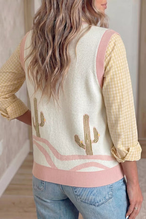 Color Block Cactus Pattern Western Sweater Vest, side view