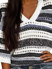 V-neck Ribbed Sweater in Green Stripes, view 11