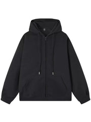 Black casual zip-up hoodie with drawstring hood and front pocket