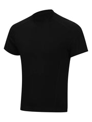 Black athletic fit mock neck t-shirt with short sleeves and a cotton blend material.