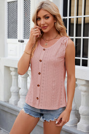 Blush pink eyelet button-down tank top with tie shoulders and scoop neck