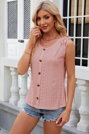 Blush pink eyelet button-down tank top with tie shoulders and scoop neck