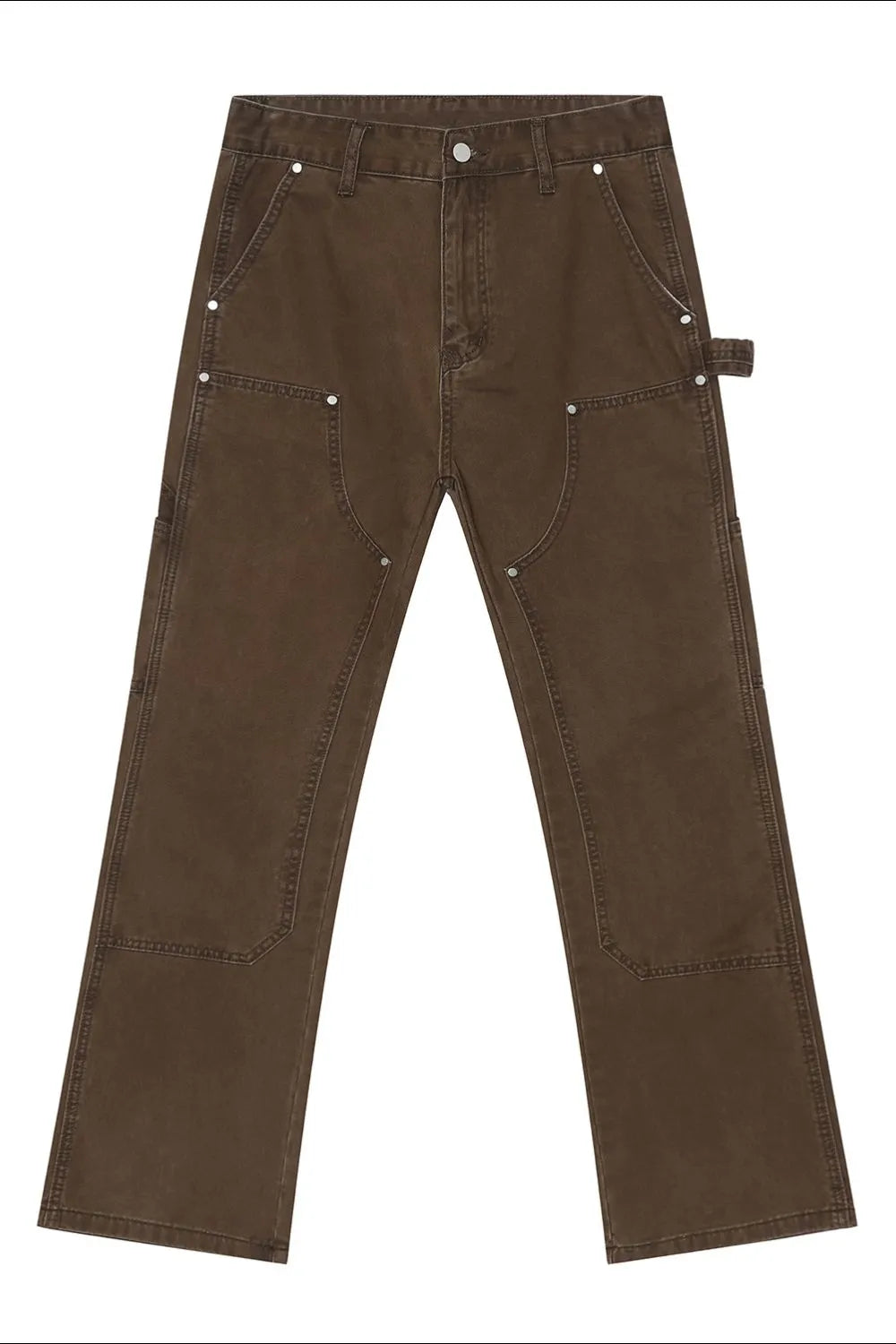 Chocolate wide leg carpenter pants with utility seams and silver hardware.