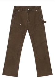 Chocolate wide leg carpenter pants with utility seams and silver hardware.