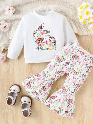 White baby crew neck sweatshirt with bunny floral print and matching bell bottom pants.