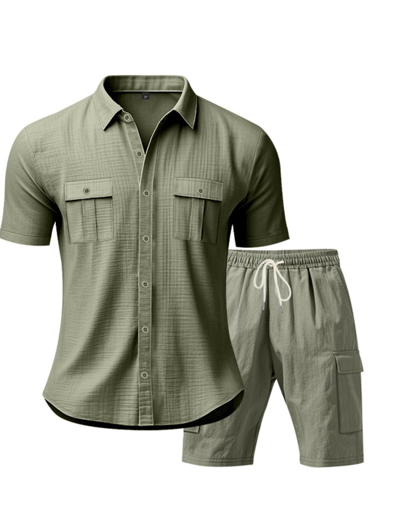 Men's military green relaxed-fit button-up shirt and drawstring shorts set with chest pockets